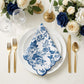 French Toile 20"x20" Scalloped Edge Napkins Blue on top white dinner plates 