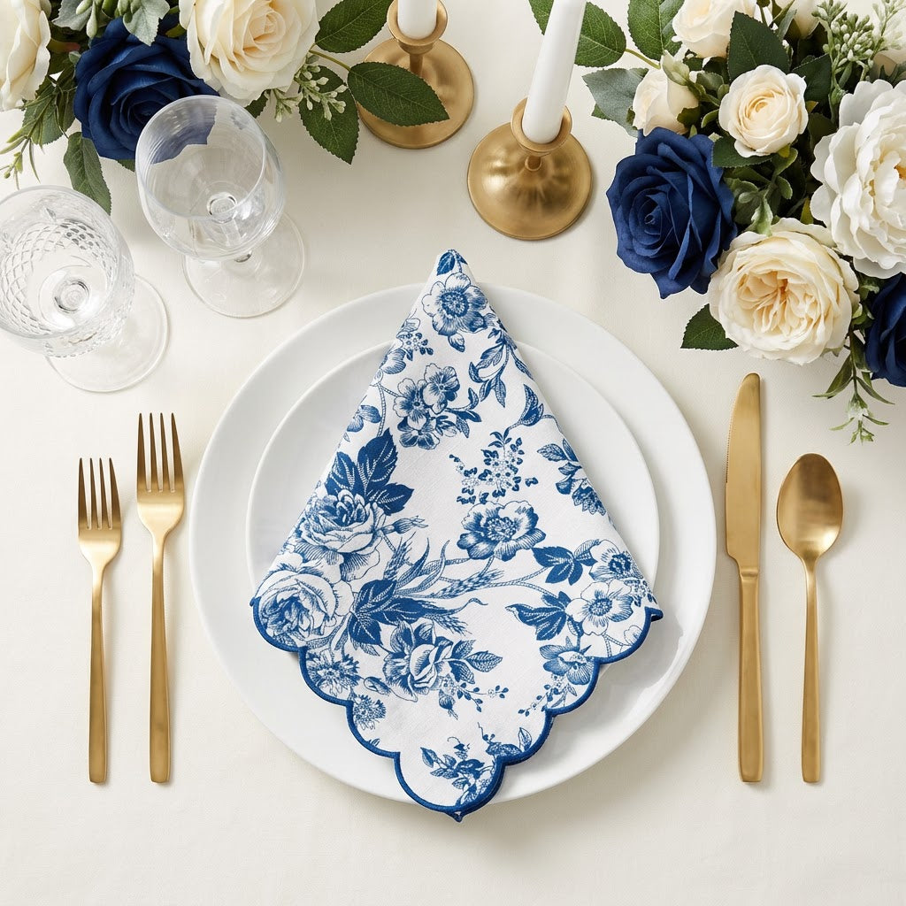 French Toile 20"x20" Scalloped Edge Napkins Blue on top white dinner plates 