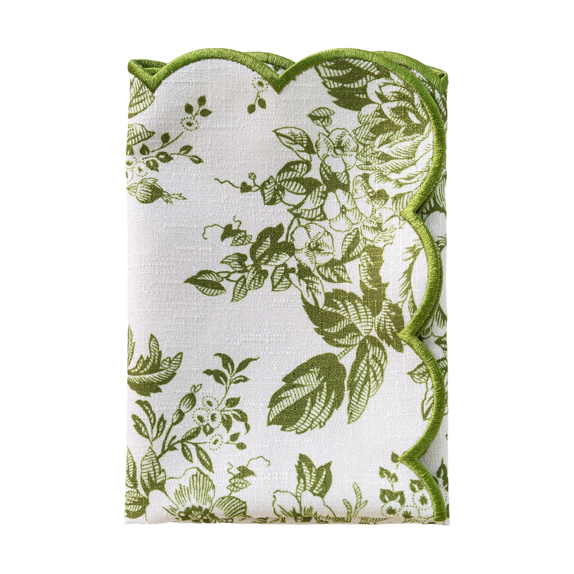 French Toile 20"x20" Scalloped Edge Napkins Olive Green in a rectangular fold