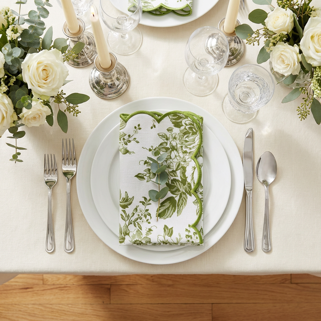 4 pcs/pk French Toile 20"x20" Scalloped Edge Napkins Olive Green in a rectangular fold on top a white dinner plate