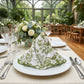 4 pcs/pk French Toile 20"x20" Scalloped Edge Napkins Olive Green folded in a hat fold on top a white dinner plate