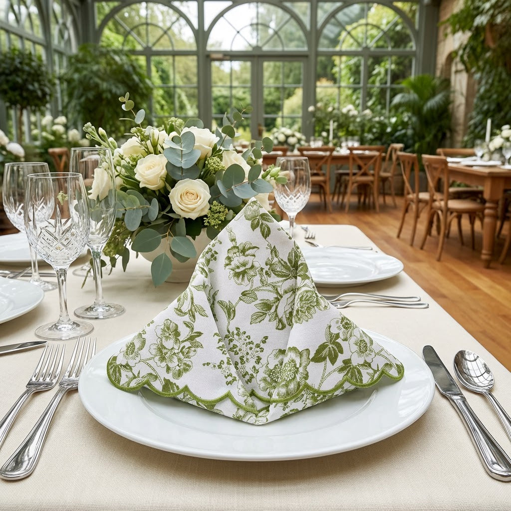 4 pcs/pk French Toile 20"x20" Scalloped Edge Napkins Olive Green folded in a hat fold on top a white dinner plate