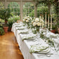 4 pcs/pk French Toile 20"x20" Scalloped Edge Napkins Olive Green  on the white gold trimmed dinner plates, and white floral centerpieces