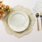 4pc/set Petal Elegance Placemats Champagne/White Trim paired with a white dinner plate on a blush tablecloth, fall florals and silverware