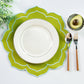 4pc/set Petal Elegance Placemats - Matcha/Turquoise Trim paired with a white tablecloth, white dinner plate, faux greenery and silverware