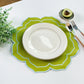 4pc/set Petal Elegance Placemats - Matcha/Turquoise Trim paired with a white tablecloth, white dinner plate, faux greenery and silverware
