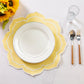 Petal Elegance Placemats - Pastel Yellow/White Trim with a white dinner plate, silverawre and water glass