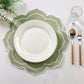 Petal Elegance Placemats - Sage Green/White Trim white a white dinner plate and silverware