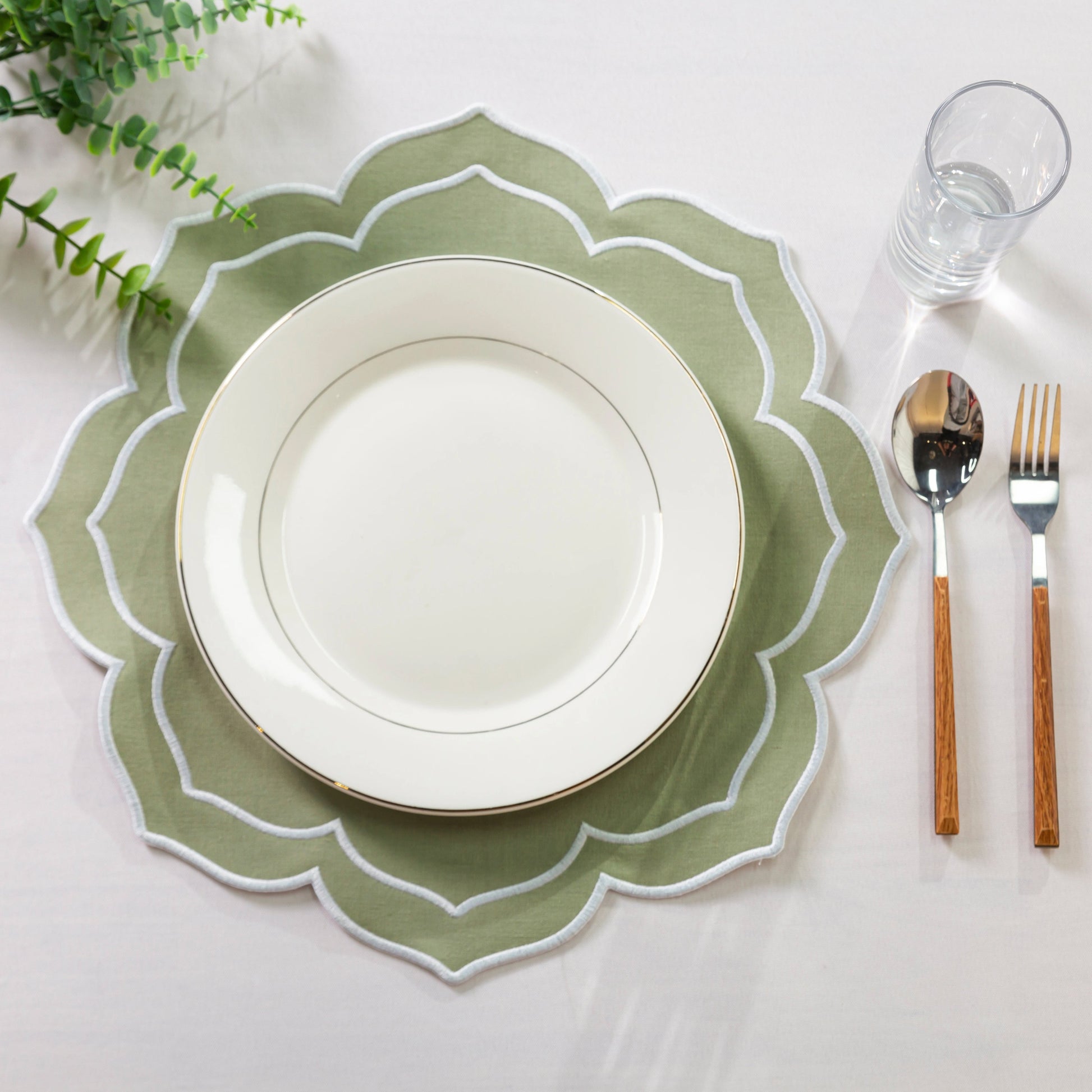 Petal Elegance Placemats - Sage Green/White Trim white a white dinner plate and silverware