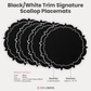 4pc/set Signature Scallop Placemats Black/White Trim infographic showing product details