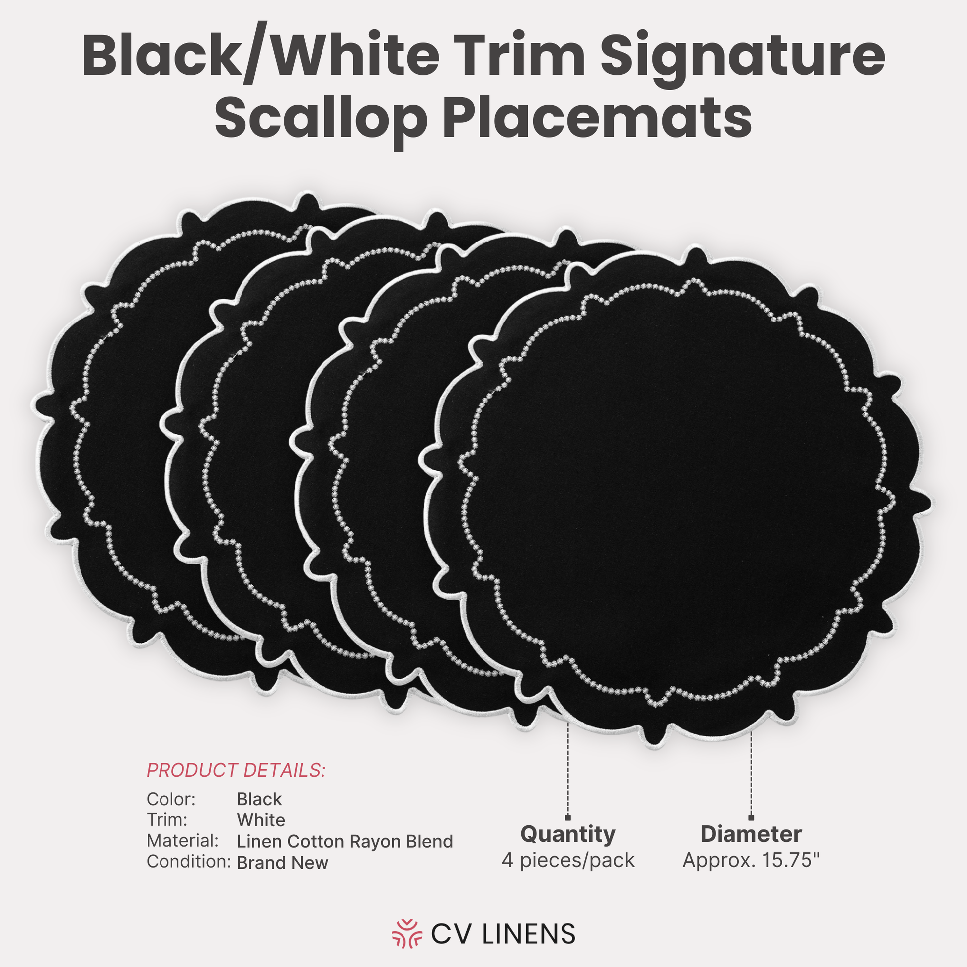 4pc/set Signature Scallop Placemats Black/White Trim infographic showing product details