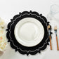 4pc/set Signature Scallop Placemats Black/White with white dinner plate, silverware, wine goblet and florals