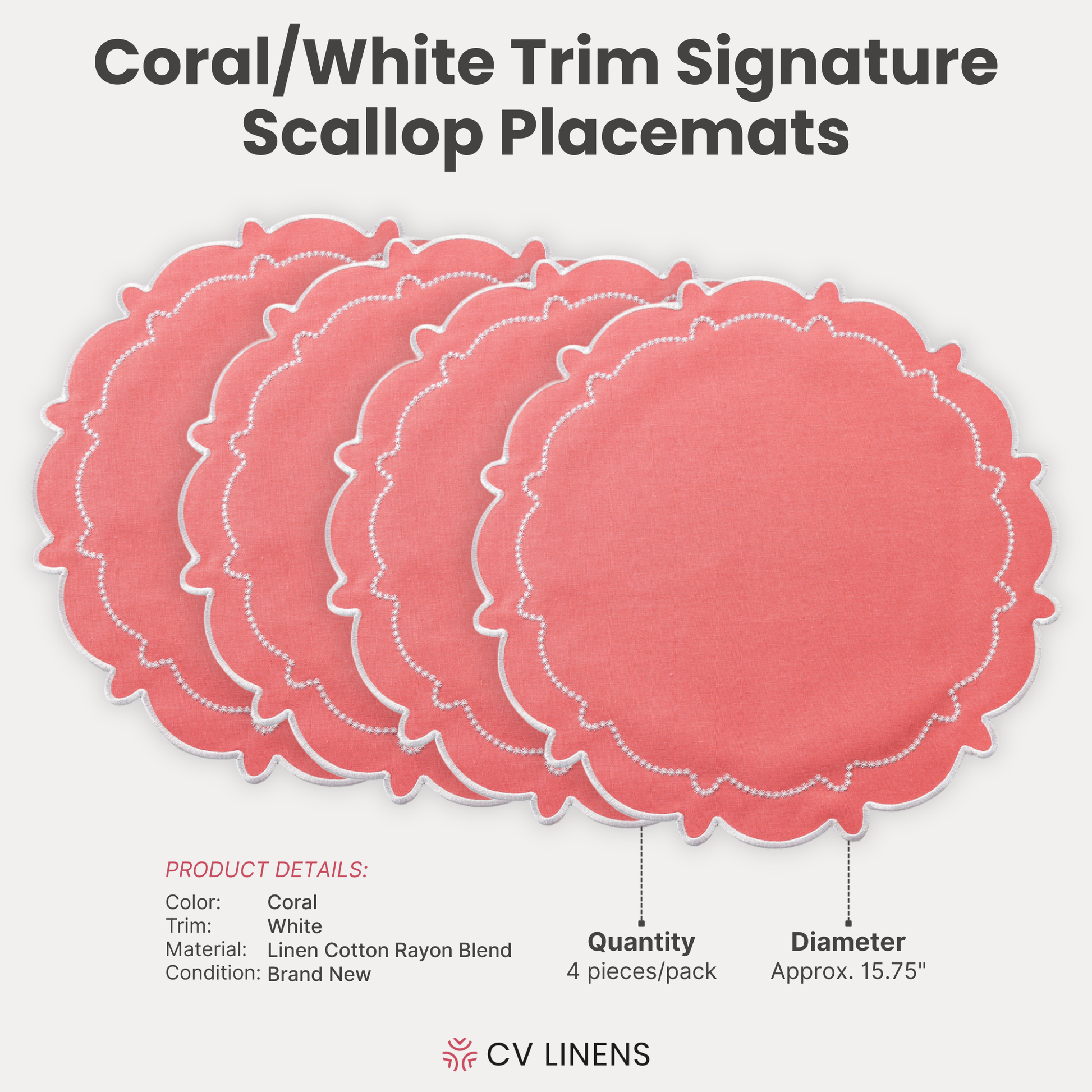 4pc/set Signature Scallop Placemats Coral/White Trim infographic showing product details
