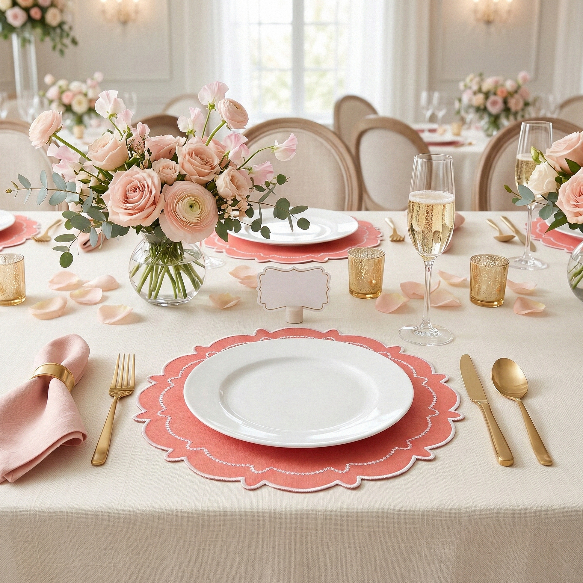 brunch table setting with the 4pc/set Signature Scallop Placemats Coral/White Trim with white dinner plates, gold flatware, and pink floral centerpieces