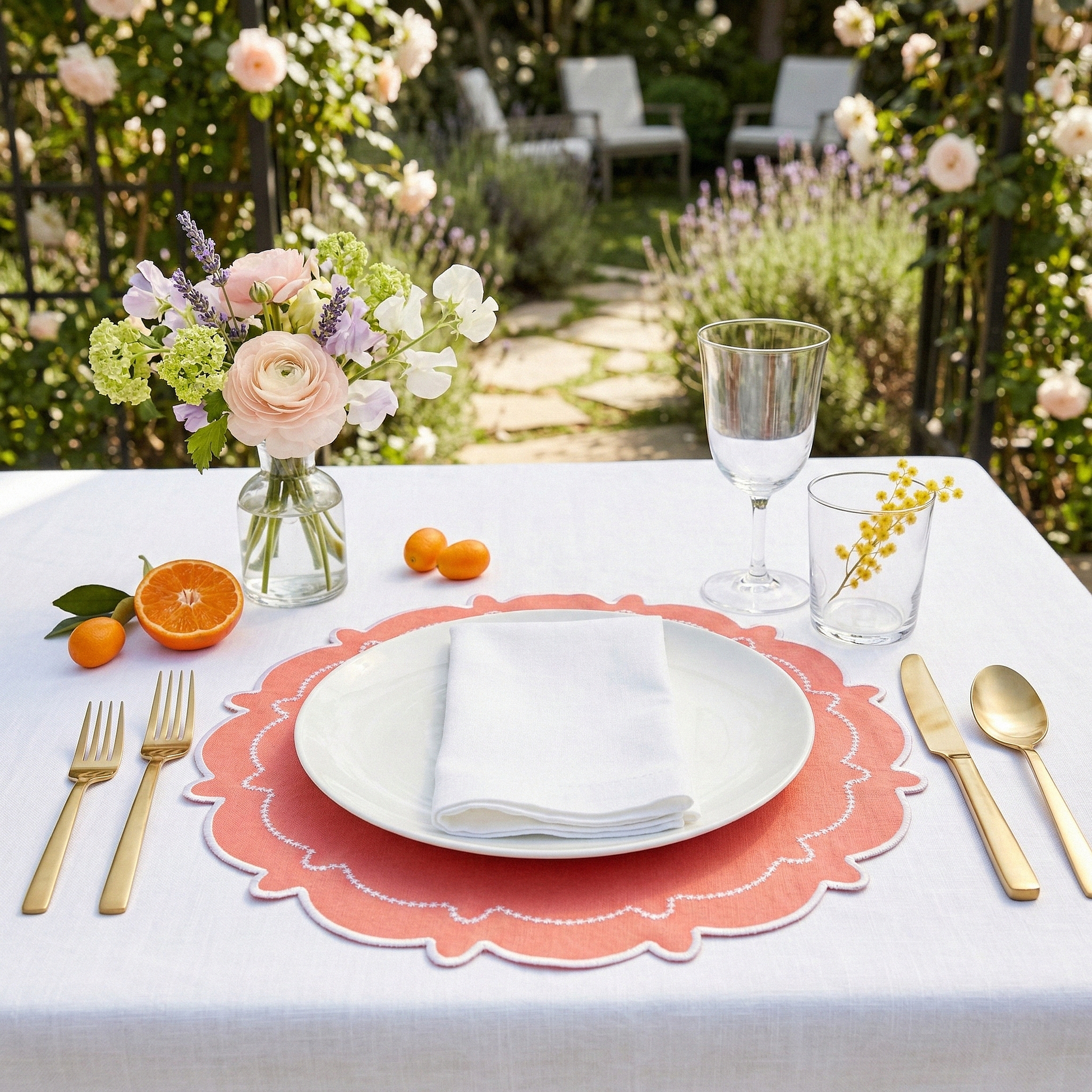 outdoor gardensetting with the  4pc/set Signature Scallop Placemats Coral/White Trim with white dinner plate, white polyester spun napkin, gold flatware, and pink floral centerpiece