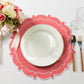 4pc/set Signature Scallop Placemats Coral/White with white dinner plate, silverware, wine goblet and florals