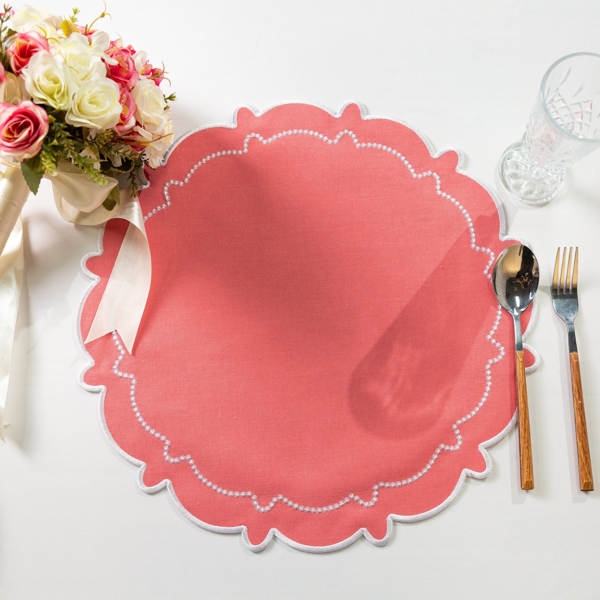 4pc/set Signature Scallop Placemats Coral/White with silverware, wine goblet and florals