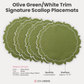4pc/set Signature Scallop Placemats Olive Green/White Trim infographic showing product details