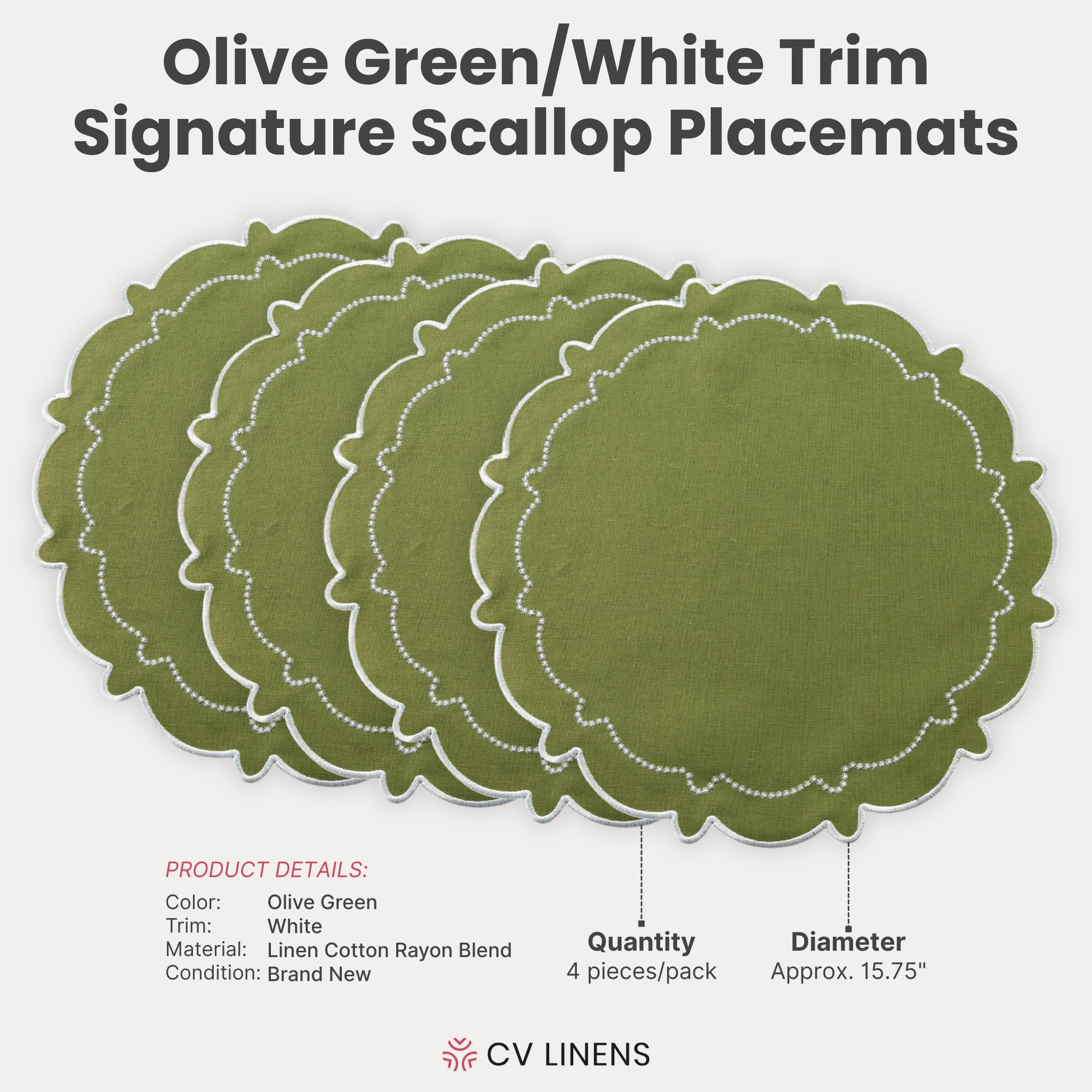 4pc/set Signature Scallop Placemats Olive Green/White Trim infographic showing product details
