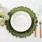 4pc/set Signature Scallop Placemats Olive Green/White with white dinner plate, silverware, wine goblet and florals