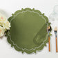 4pc/set Signature Scallop Placemats Olive Green/White with silverware, wine goblet and florals