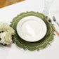 4pc/set Signature Scallop Placemats Olive Green/White with white dinner plate, silverware, wine goblet and florals