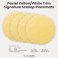 4pc/set Signature Scallop Placemats Pastel Yellow/White Trim infographic showing the product details