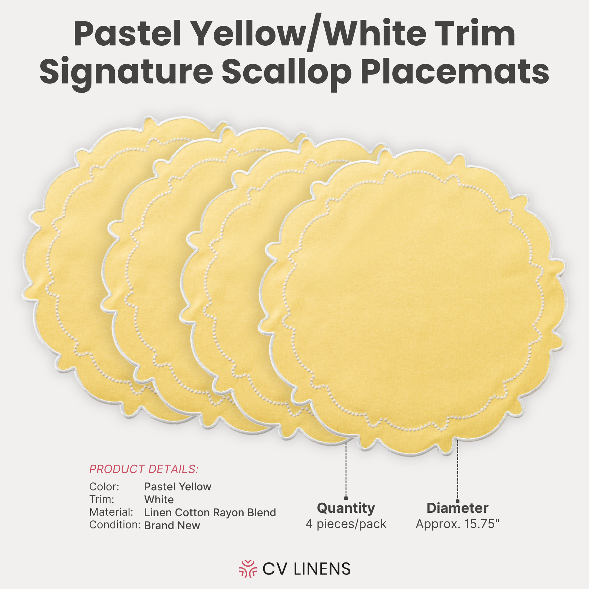 4pc/set Signature Scallop Placemats Pastel Yellow/White Trim infographic showing the product details