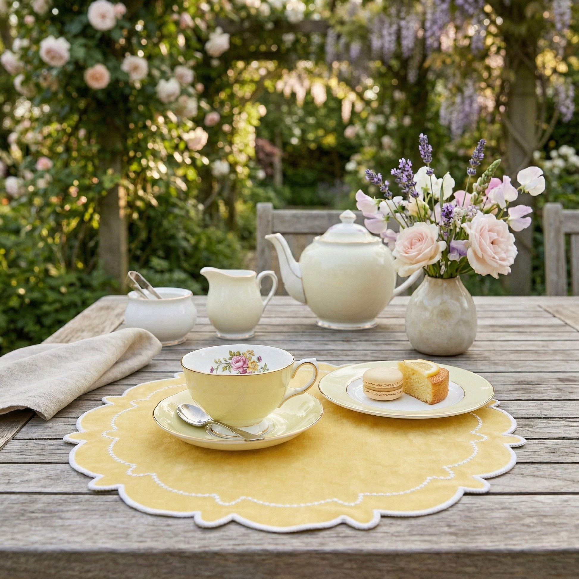 Garden tea party with the 4pc/set Signature Scallop Placemats Pastel Yellow/White Trim on a wooden table