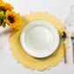 4pc/set Signature Scallop Placemats Pastel Yellow/White with white dinner plate, silverware, wine goblet and florals