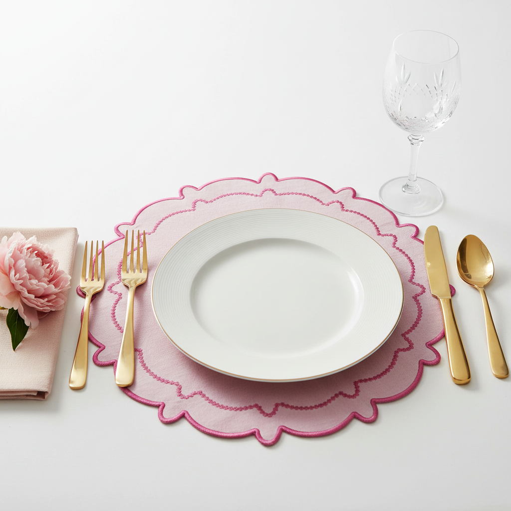 4pc/set Signature Scallop Placemats Pink/Magenta Trim setting close up