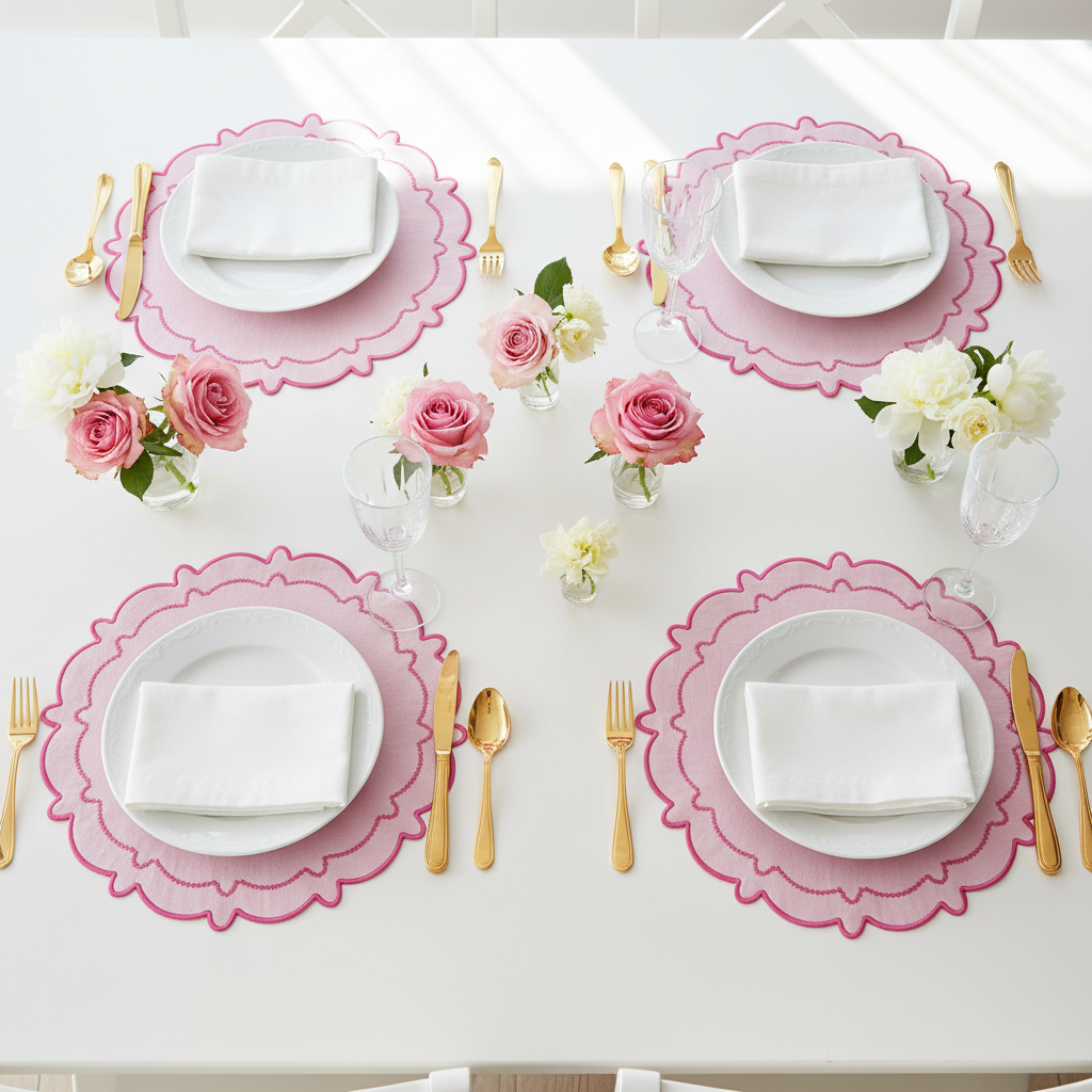 4pc/set Signature Scallop Placemats Pink/Magenta Trim birdseye view