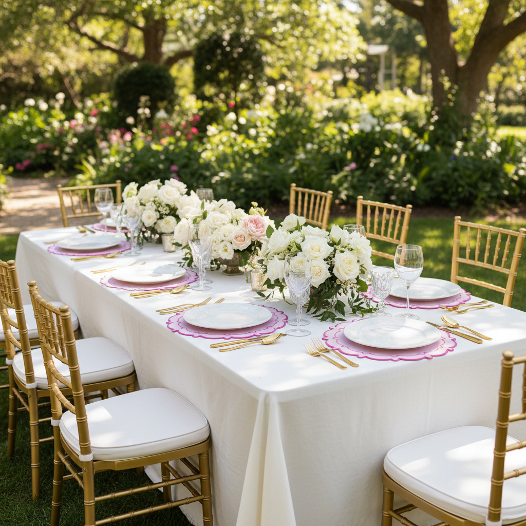 4pc/set Signature Scallop Placemats Pink/Magenta Trim outdoor brunch