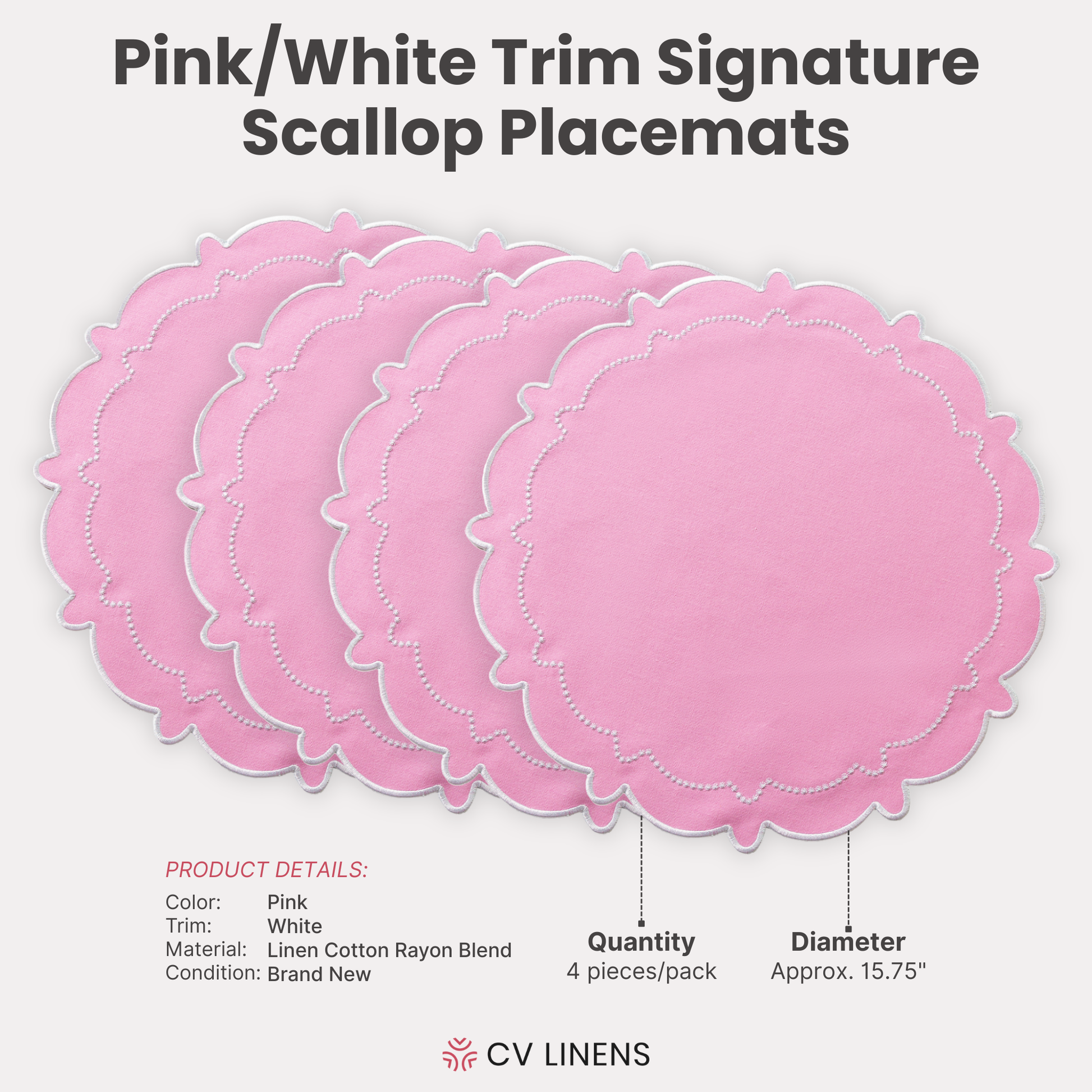 4pc/set Signature Scallop Placemats Pink/White Trim infographic showing product details