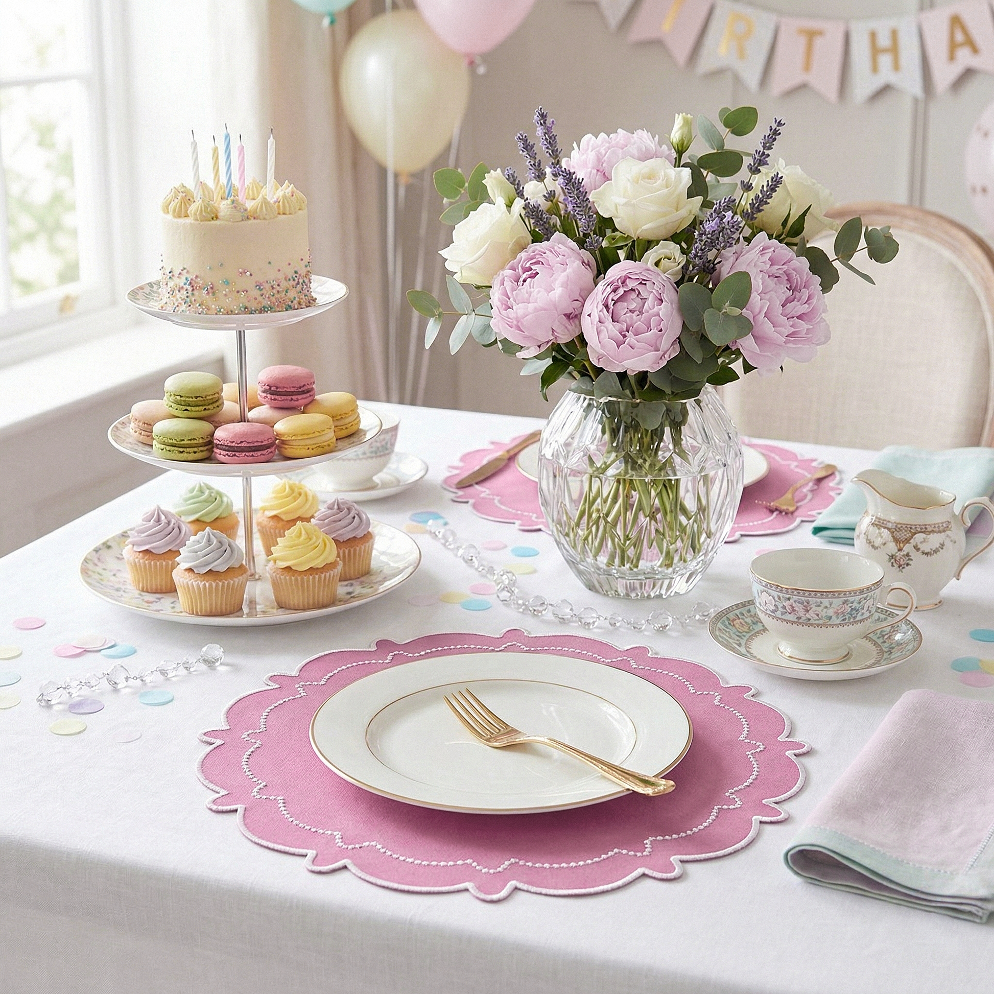 4pc/set Signature Scallop Placemats Pink/White Trim on a white tablecloth with dessert tray and pastel florals for birthday celebration