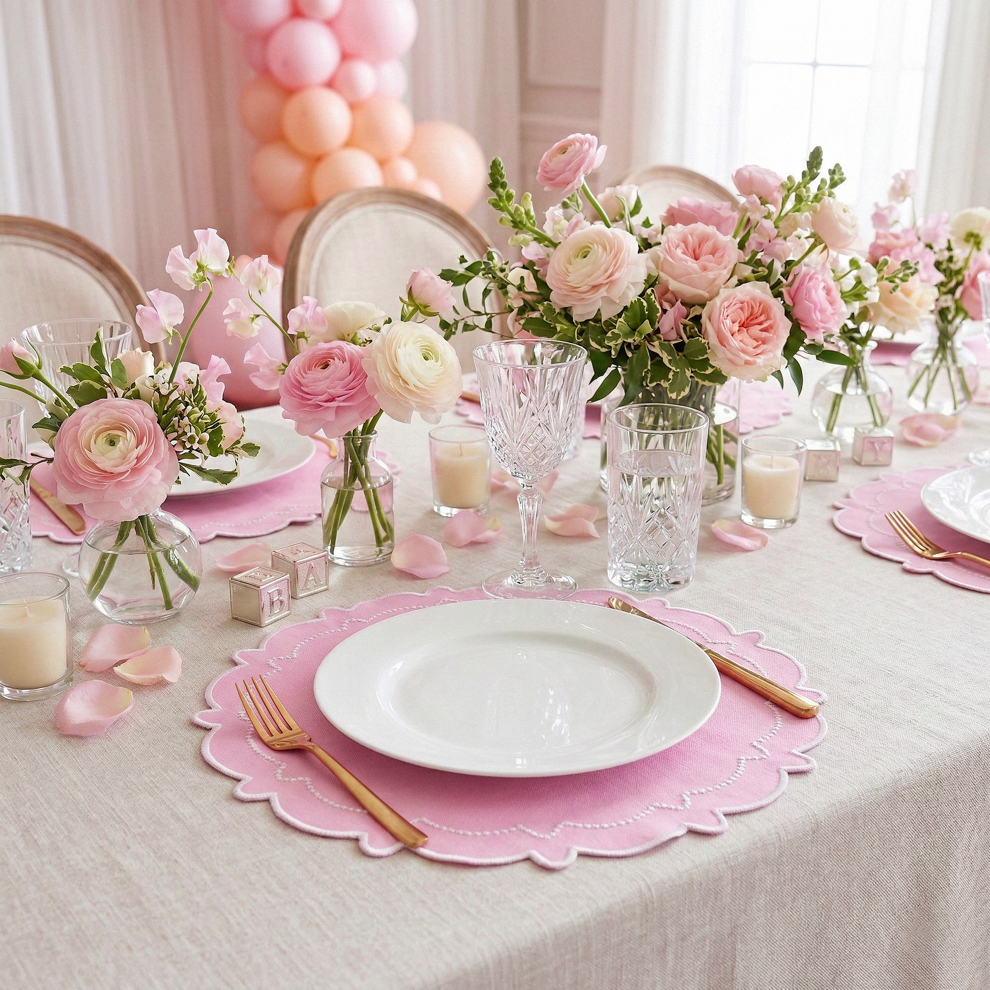 baby shower event with the 4pc/set Signature Scallop Placemats Pink/White Trim and a white dinner plate and pink and white florals