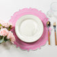 4pc/set Signature Scallop Placemats Pink/White Trim white dinner plate, pink roses, and silverware