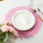 4pc/set Signature Scallop Placemats Pink/White Trim white dinner plate, pink roses, and silverware