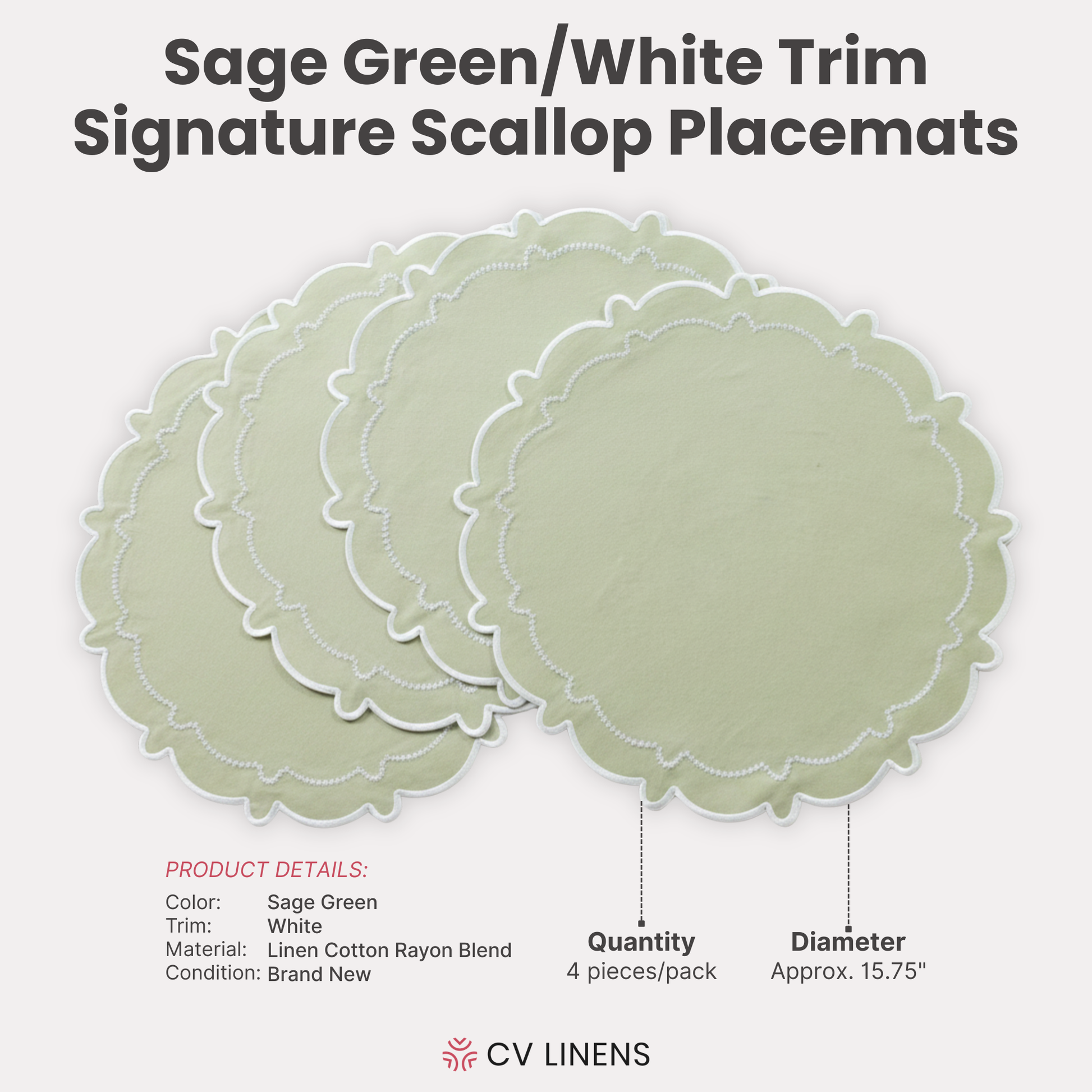 4pc/set Signature Scallop Placemats Sage Green/White Trim infographic showing product dimensions