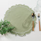 4pc/set Signature Scallop Placemats Sage Green/White Trim with faux greenery and silverware