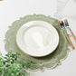 4pc/set Signature Scallop Placemats Sage Green/White Trim with a white dinner plates, faux greenery and silverware
