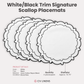 4pc/set Signature Scallop Placemats White/Black Trim infographic showing product details