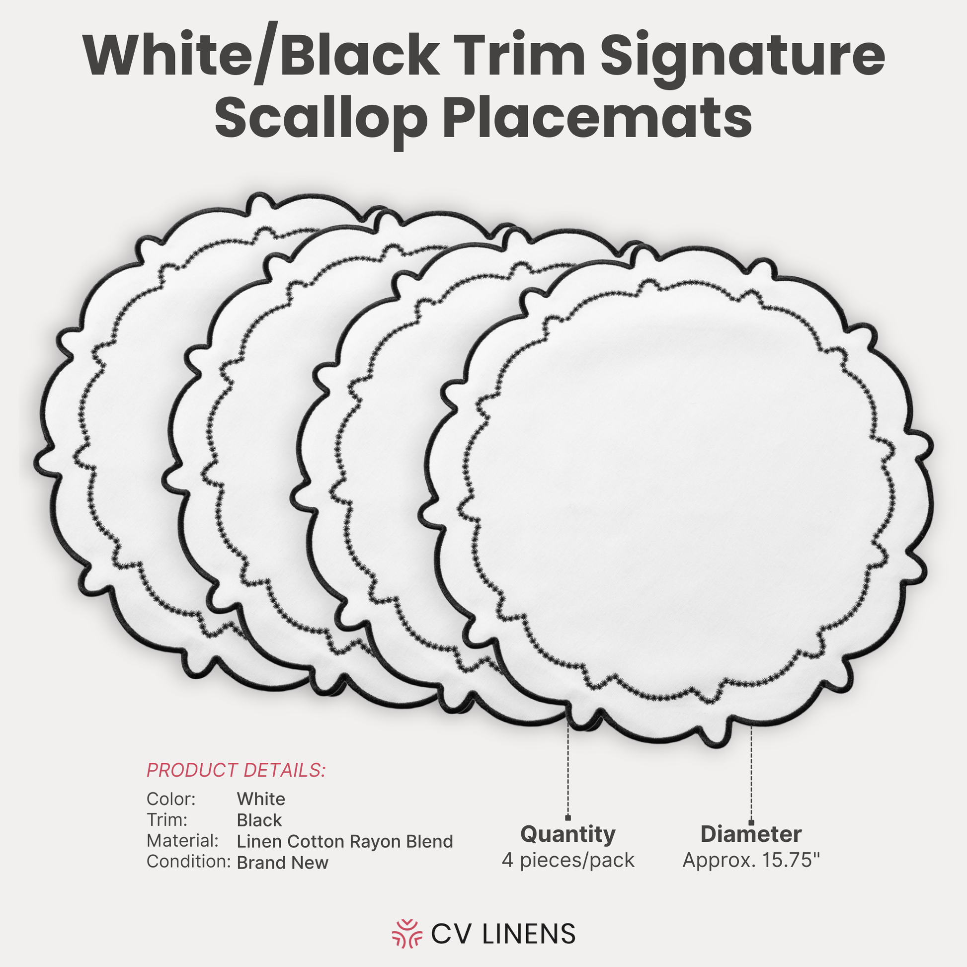 4pc/set Signature Scallop Placemats White/Black Trim infographic showing product details