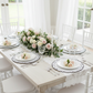 4pc Signature Scallop Placemats White/ Black Trim bridal shower setting with rose floral centerpiece and tapered candles
