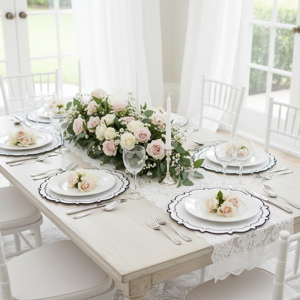 4pc Signature Scallop Placemats White/ Black Trim bridal shower setting with rose floral centerpiece and tapered candles