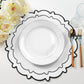 4pc/set Signature Scallop Placemats - White/Black Trim with white dinner plate, ivory roses, and silverware
