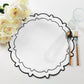 4pc/set Signature Scallop Placemats - White/Black Trim with ivory roses, and silverware