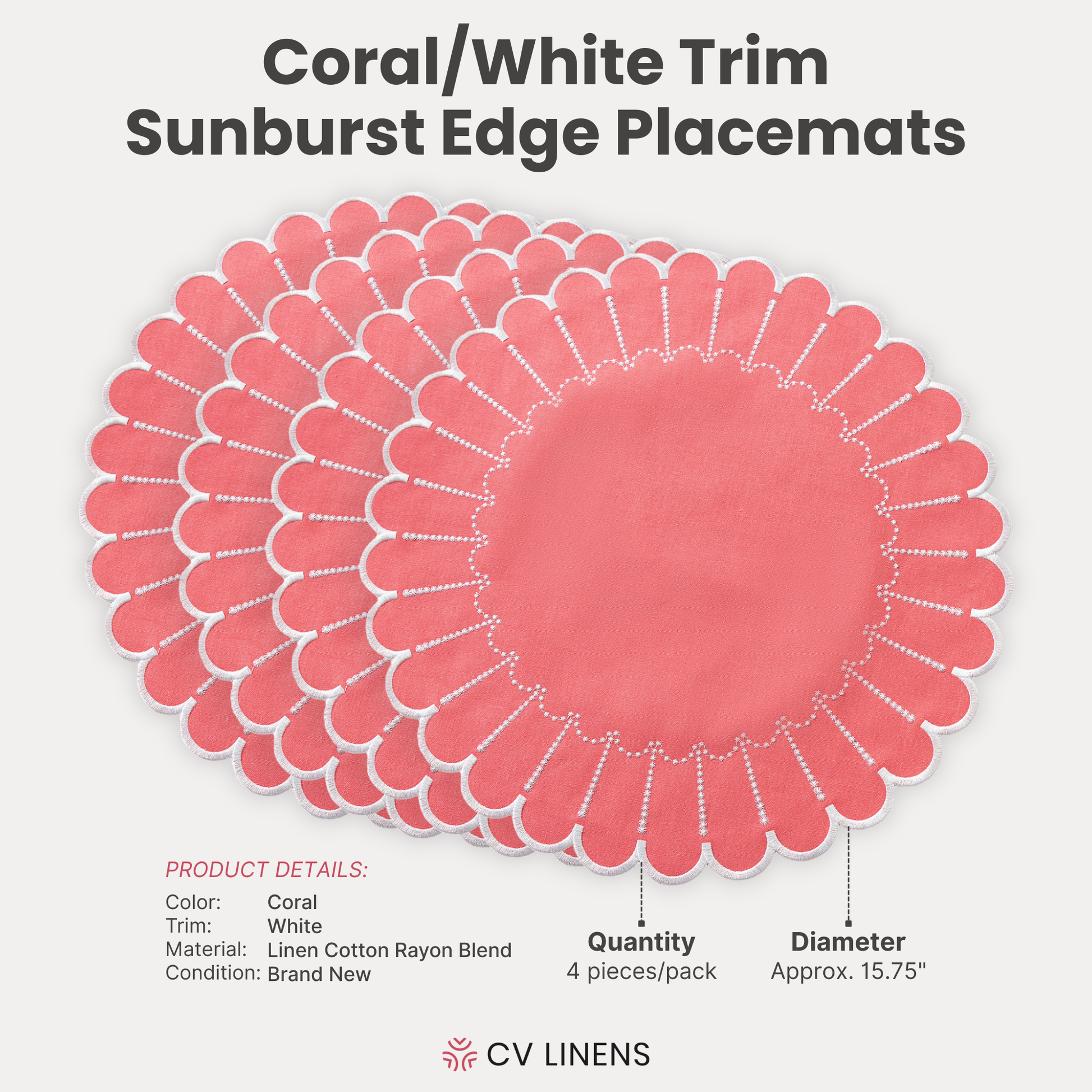 4pc/set Sunburst Edge Placemats Coral/White Trim infographic