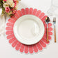 4pc/set Sunburst Edge Placemats Coral/White Trim paired with white dinner plate, florals, silverware on a white tablecloth