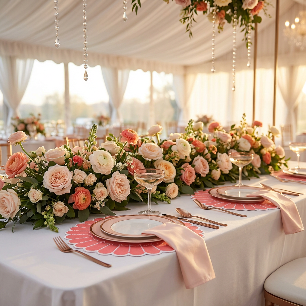 4pc/set Sunburst Edge Placemats - Coral/White Trim in a wedding reception